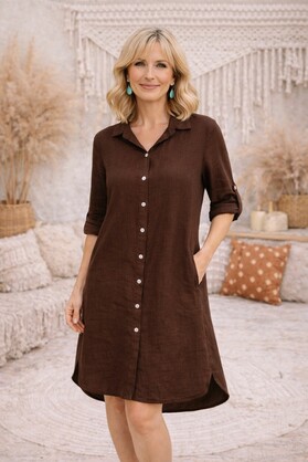 HA-CL-15046 ADELINE - LINEN 1/2 LENGTH SHIRT DRESS/JACKET WITH POCKETS. LONGER LENGTH AT THE BACK. FREE SIZE 8-16. MADE IN ITALY. 100% LINEN