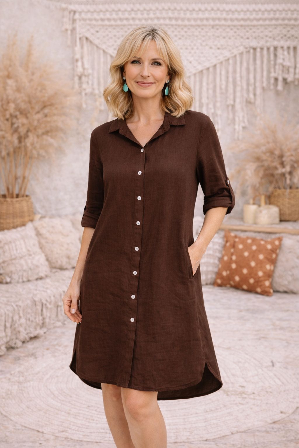 HA-CL-15046 ADELINE - LINEN 1/2 LENGTH SHIRT DRESS/JACKET WITH POCKETS. LONGER LENGTH AT THE BACK. FREE SIZE 8-16. MADE IN ITALY. 100% LINEN
