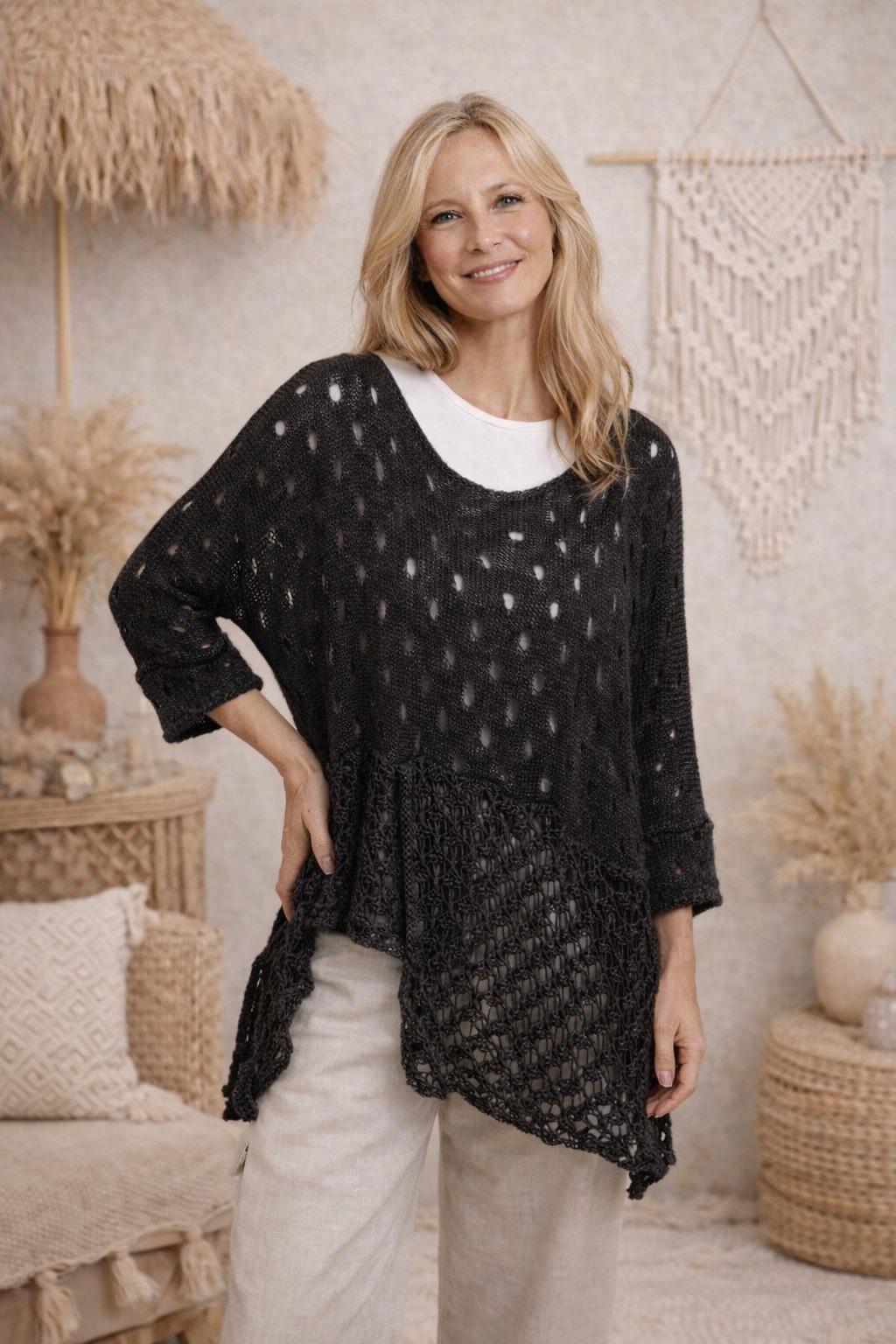 HA-CL-15067 KYLIE -  RELAX FIT KNIT WITH UNEVEN HEM LINE. MADE IN ITALY. FREE SIZE FITS 8-16.