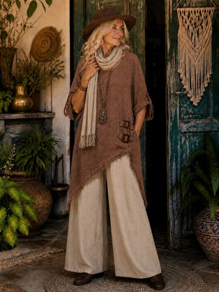 HA-CL-15068 ABIGAIL - ITALIAN LINEN TOP, WITH COCONUT BUTTONS AND FRINGED HEM LINE. FREE SIZE 8-16