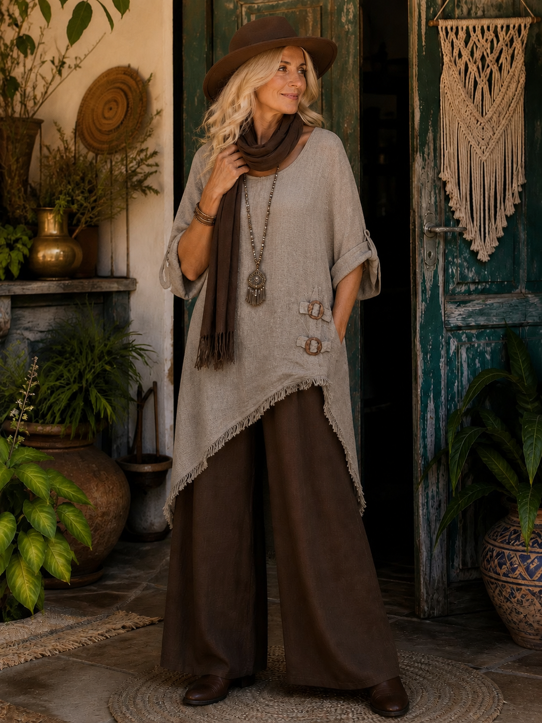 HA-CL-15068 ABIGAIL - ITALIAN LINEN TOP, WITH COCONUT BUTTONS AND FRINGED HEM LINE. FREE SIZE 8-16