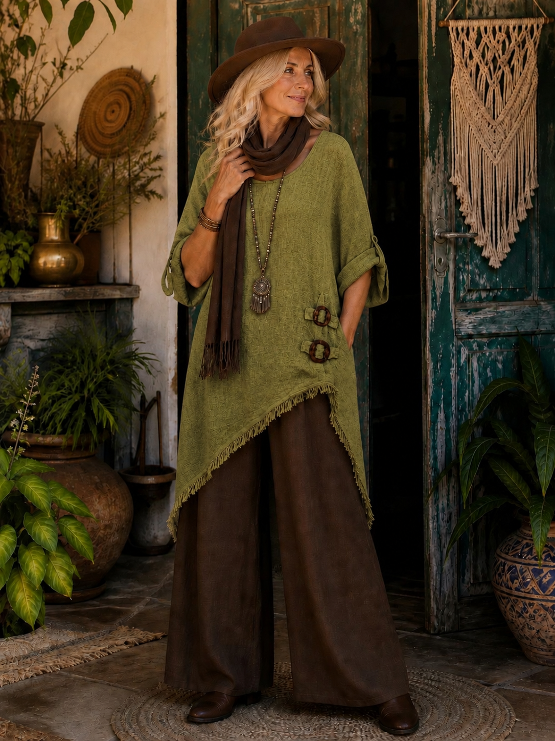 HA-CL-15068 ABIGAIL - ITALIAN LINEN TOP, WITH COCONUT BUTTONS AND FRINGED HEM LINE. FREE SIZE 8-16