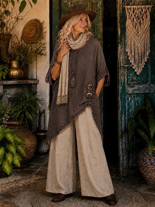 HA-CL-15068 ABIGAIL - ITALIAN LINEN TOP, WITH COCONUT BUTTONS AND FRINGED HEM LINE. FREE SIZE 8-16