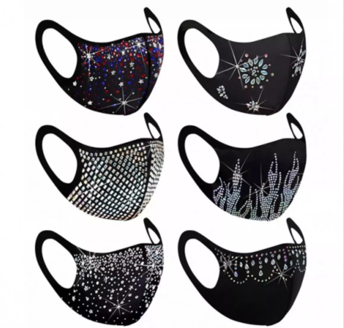 Wholesale Crystal Diamond Rhinestone Face Mask 6 Assorted Prestige
