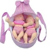 Twins in carry cot - pink check