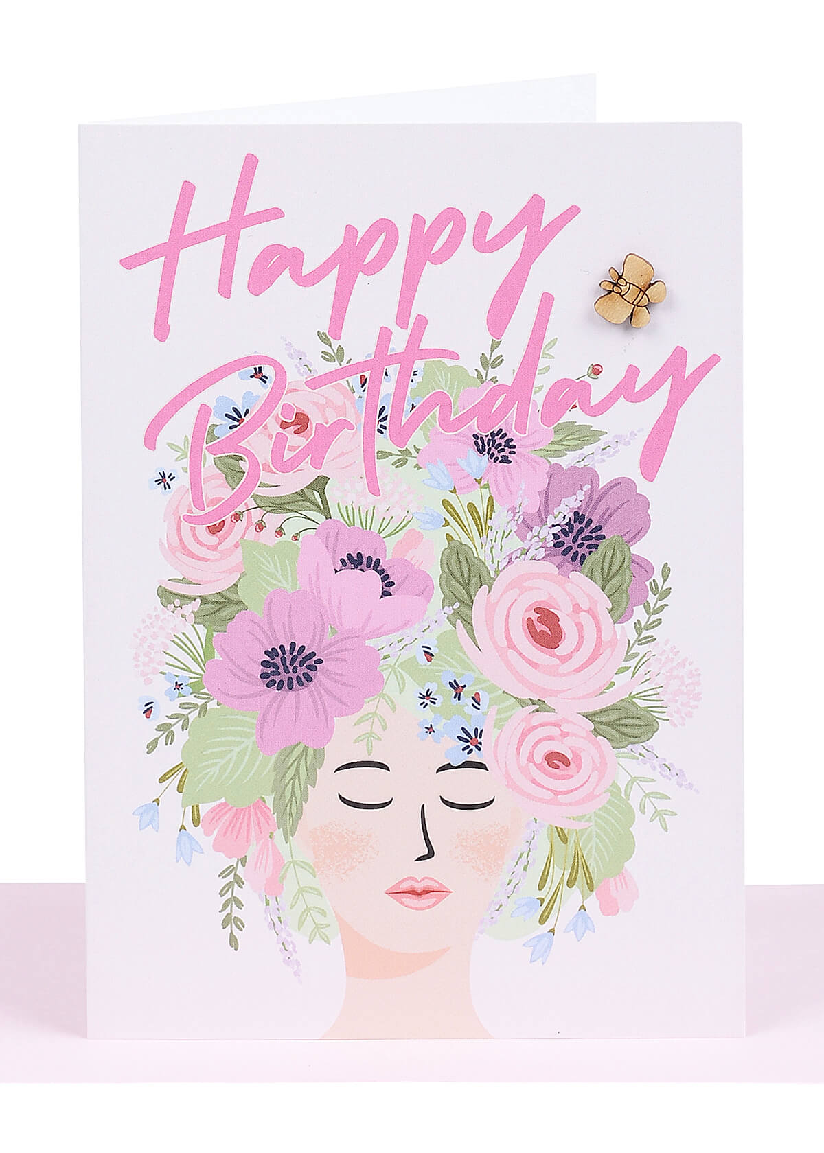 Birthday Greeting Card - Flowers and a Wooden Butterfly