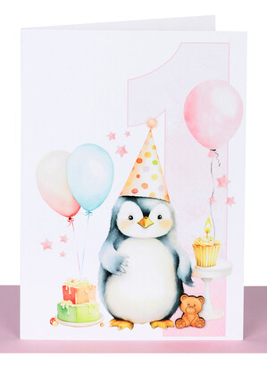 1st Birthday Greeting Card - Girls, Penguins & Wooden Teddy