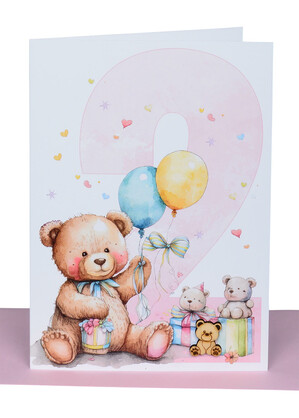 2nd Birthday Card for Girl – Pink Pastel Design with Wooden Teddy Bear Embellishment
