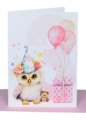 3rd Birthday Card for Girl – Cute Owl Design with Wooden Teddy Embellishment