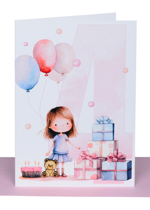 4th Birthday Card for Girl – Gifts & Balloon Design with Wooden Teddy