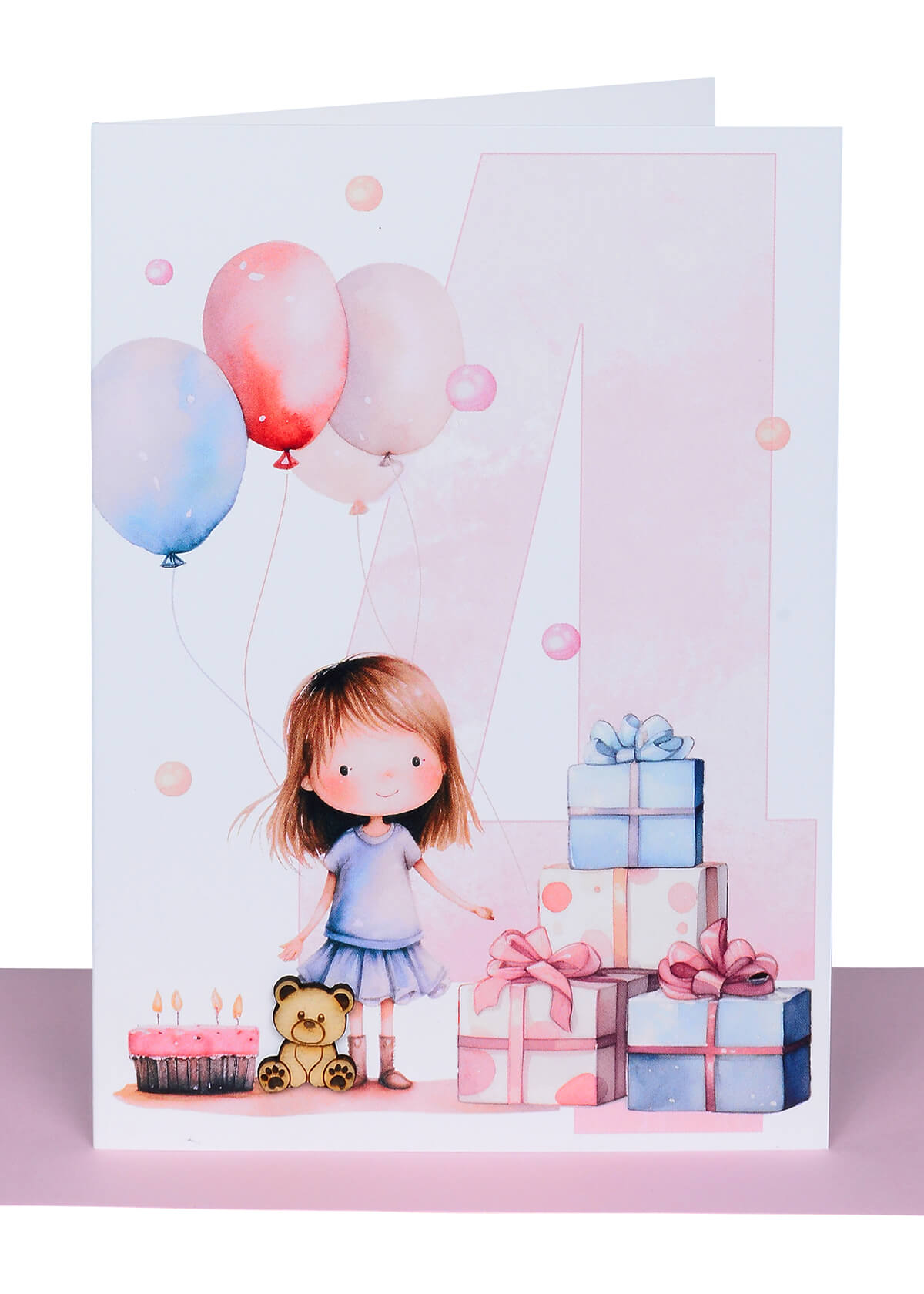 4th Birthday Card for Girl – Gifts & Balloon Design with Wooden Teddy