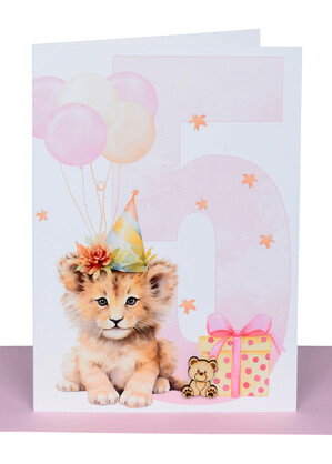5th Birthday Card for Girl – Cute Lion Cub Design with Wooden Teddy