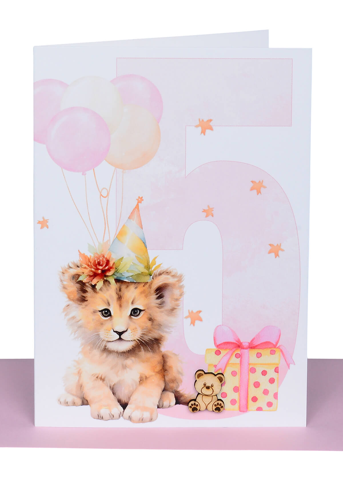 5th Birthday Card for Girl – Cute Lion Cub Design with Wooden Teddy