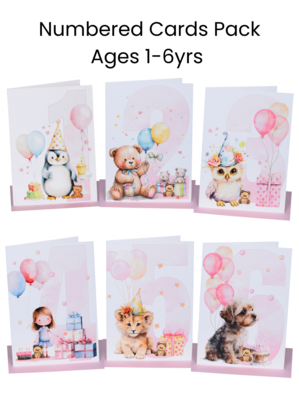 Girls Birthday Set of 6 Card Pack.  Ages 1-6 - with Wooden Teddy Bear embellishment
