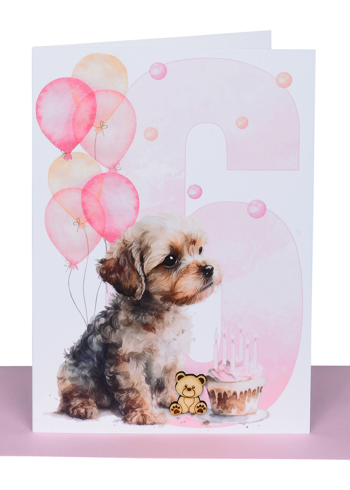 Girls Birthday Set of 6 Card Pack.  Ages 1-6 - with Wooden Teddy Bear embellishment