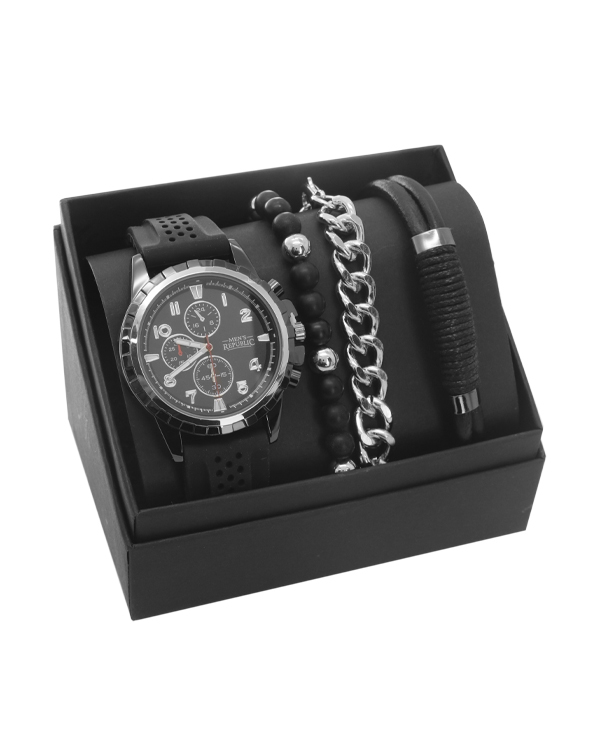 Men's Republic Watch set with 3 Bracelets - Black