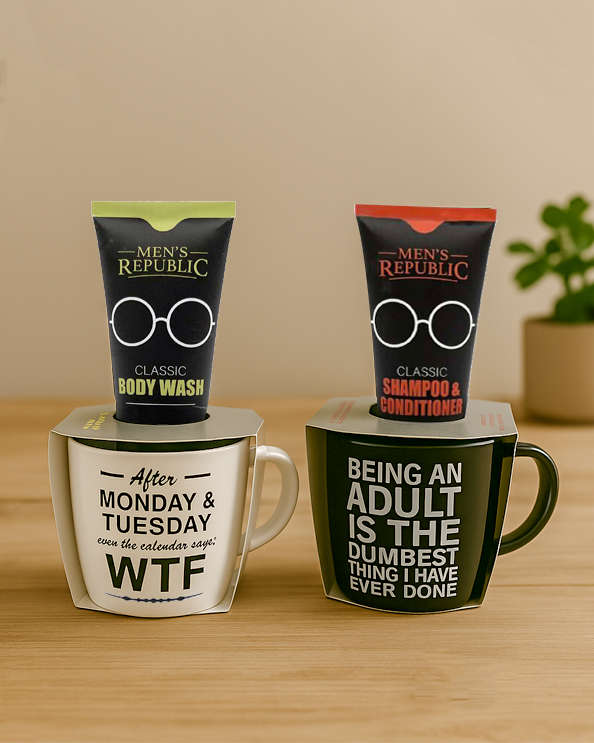Men's Republic Mug with Grooming Kit (Set of 2 Mugs with Body Wash/2 Mugs with Shampoo, Conditioner)