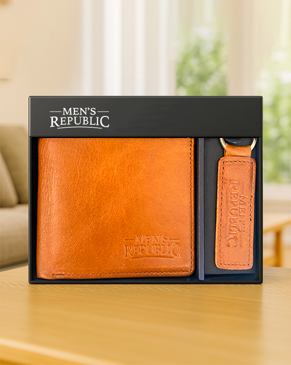 Men's Republic Leather Wallet and Keyring Set - Brown