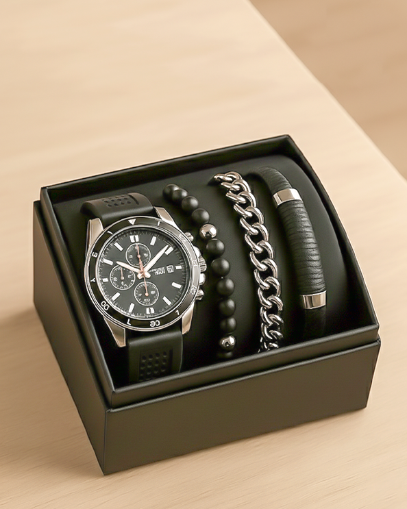 Men's Republic Watch set with 3 Bracelets - Black