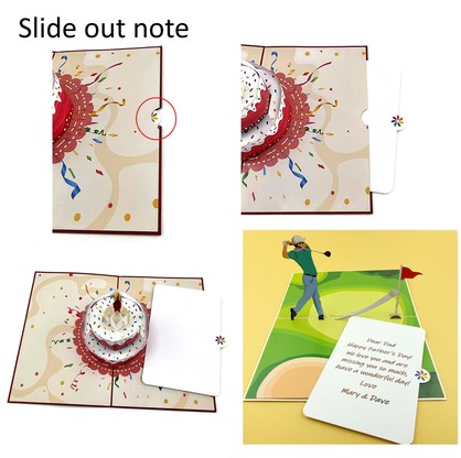 Cards contain a slide out note -  The back cover has a slot with a slide out note which pulls out to write a message on.