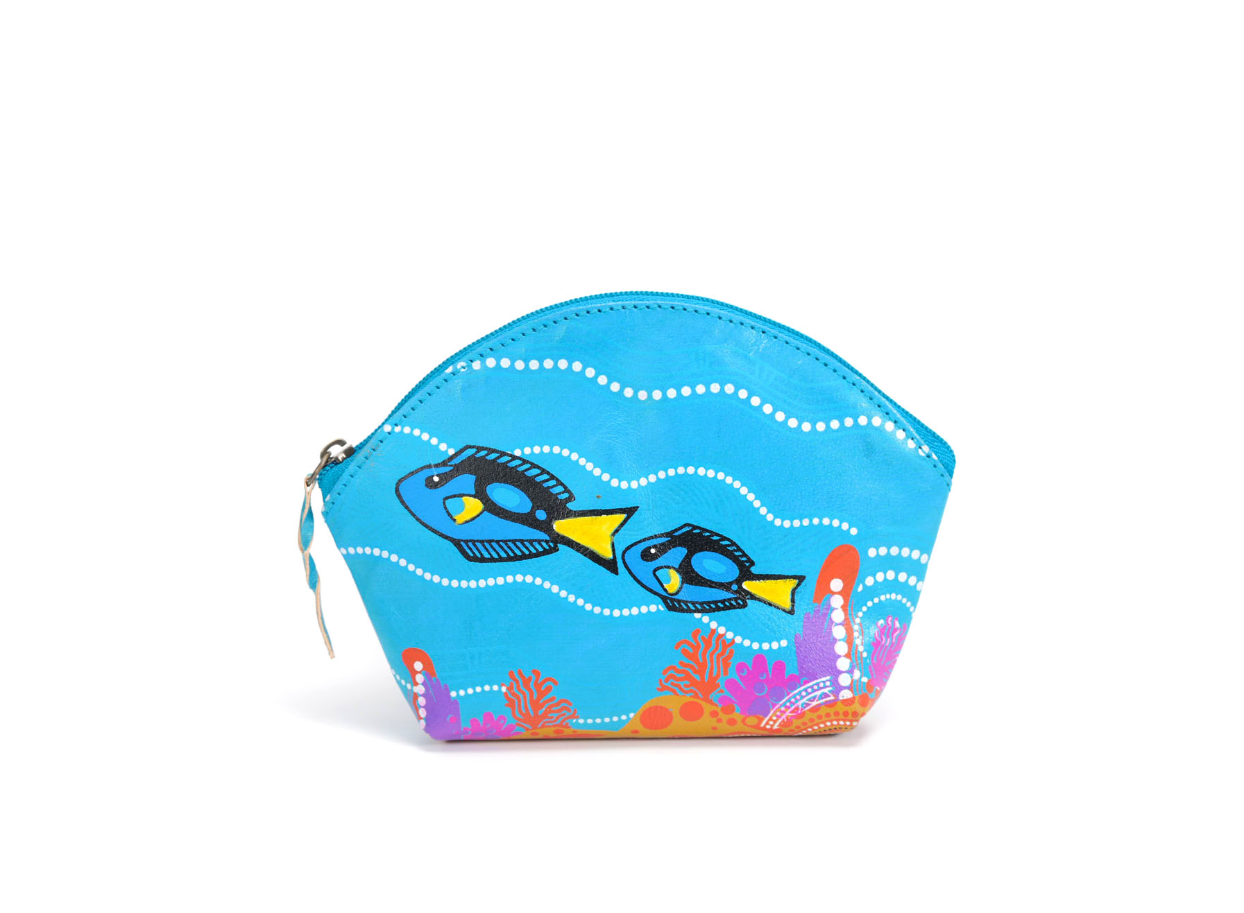 Hand Crafted and Hand Painted Leather Purse 15.5 X 10cm - Blue Tang Serenade