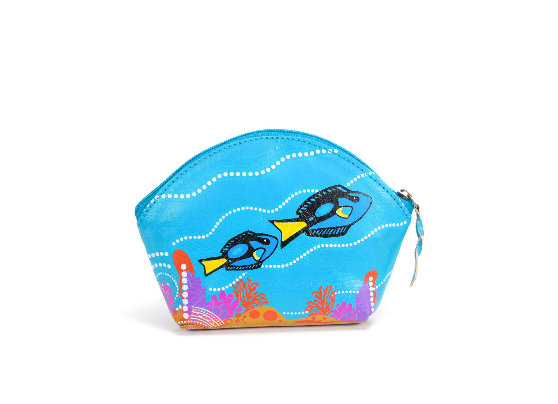 Hand Crafted and Hand Painted Leather Purse 15.5 X 10cm - Blue Tang Serenade