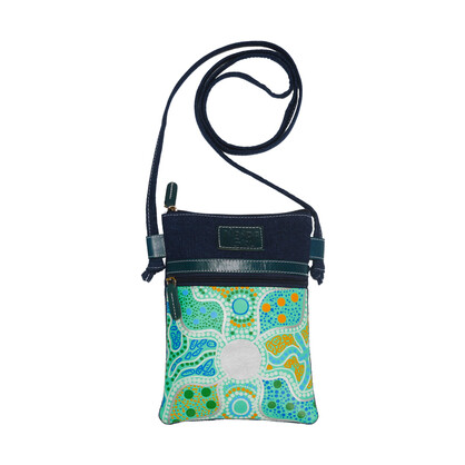 LCB45GOSMDE - Hand Crafted and Hand Painted Leather and Denim Combination Cross Body "Hippie" Bag 17 X 23cm