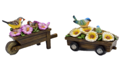 FAP0091 Birds and flowers on cart -  Set of 2 - Polyresin.