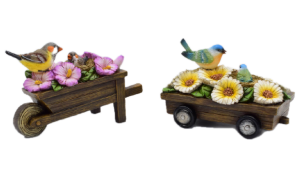 FAP0091 Birds and flowers on cart -  Set of 2 - Polyresin.
