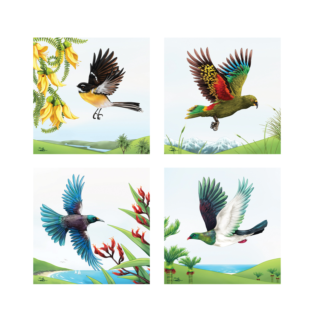 C45 Sophie Blokker Birds in Flight Ceramic Square Coasters - set of 4 with Cork Backing