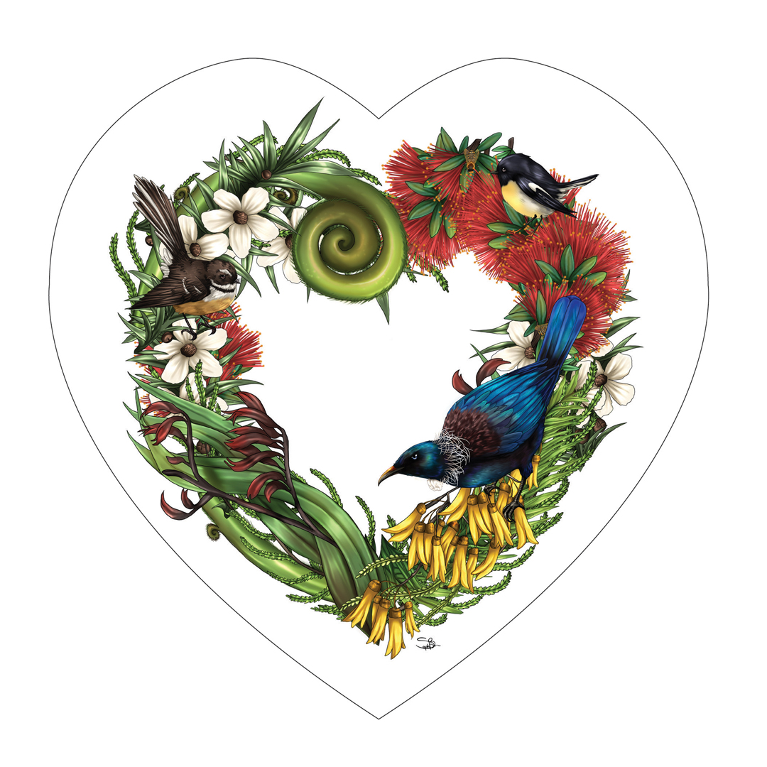 SBHT14 Sophie Blokker Ceramic Heart Wall Hanging with cork backing and cord - Birds & Flora Heart