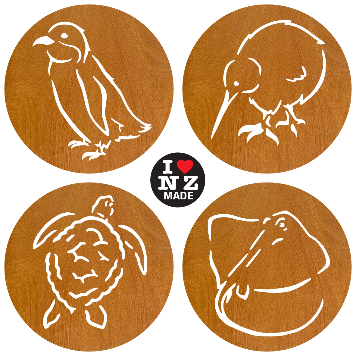 C25SB-001 Sophie Blokker Set of 4 Different Laser Cut Rimu Veneer Coasters - Penguin, Kiwi, Turtle, Stingray
