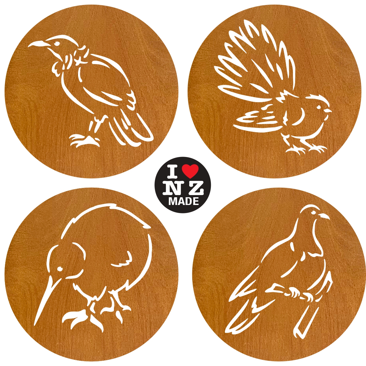 C25SB-002 Sophie Blokker Set of 4 Different Laser Cut Rimu Veneer Coasters - Tui, Fantail, Kiwi, Wood Pigeon