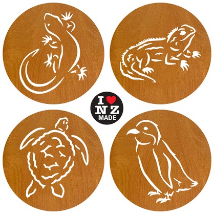 C25SB-003 Sophie Blokker Set of 4 Different Laser Cut Rimu Veneer Coasters - Tuatara, Gecko, Turtle, Penguin