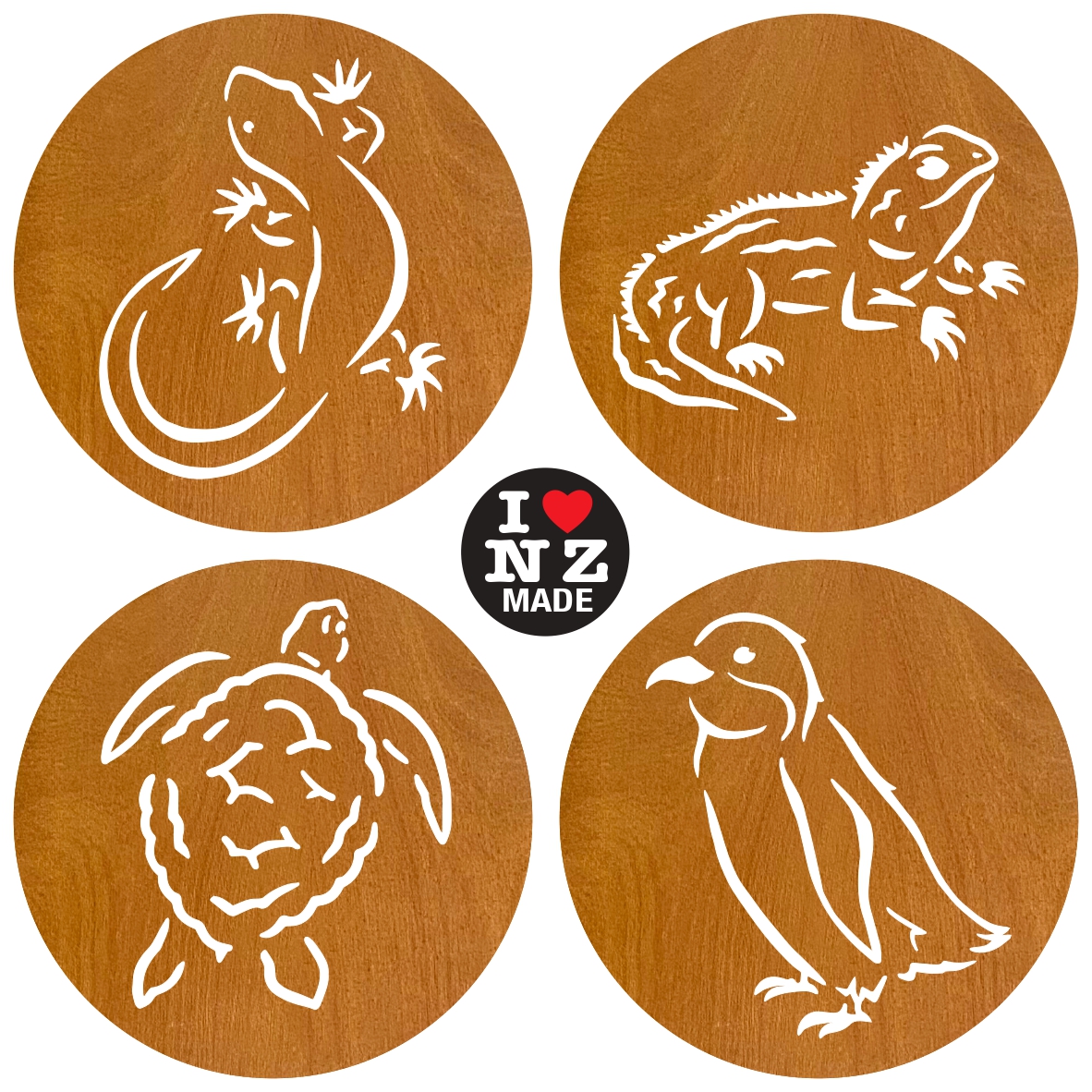 C25SB-003 Sophie Blokker Set of 4 Different Laser Cut Rimu Veneer Coasters - Tuatara, Gecko, Turtle, Penguin