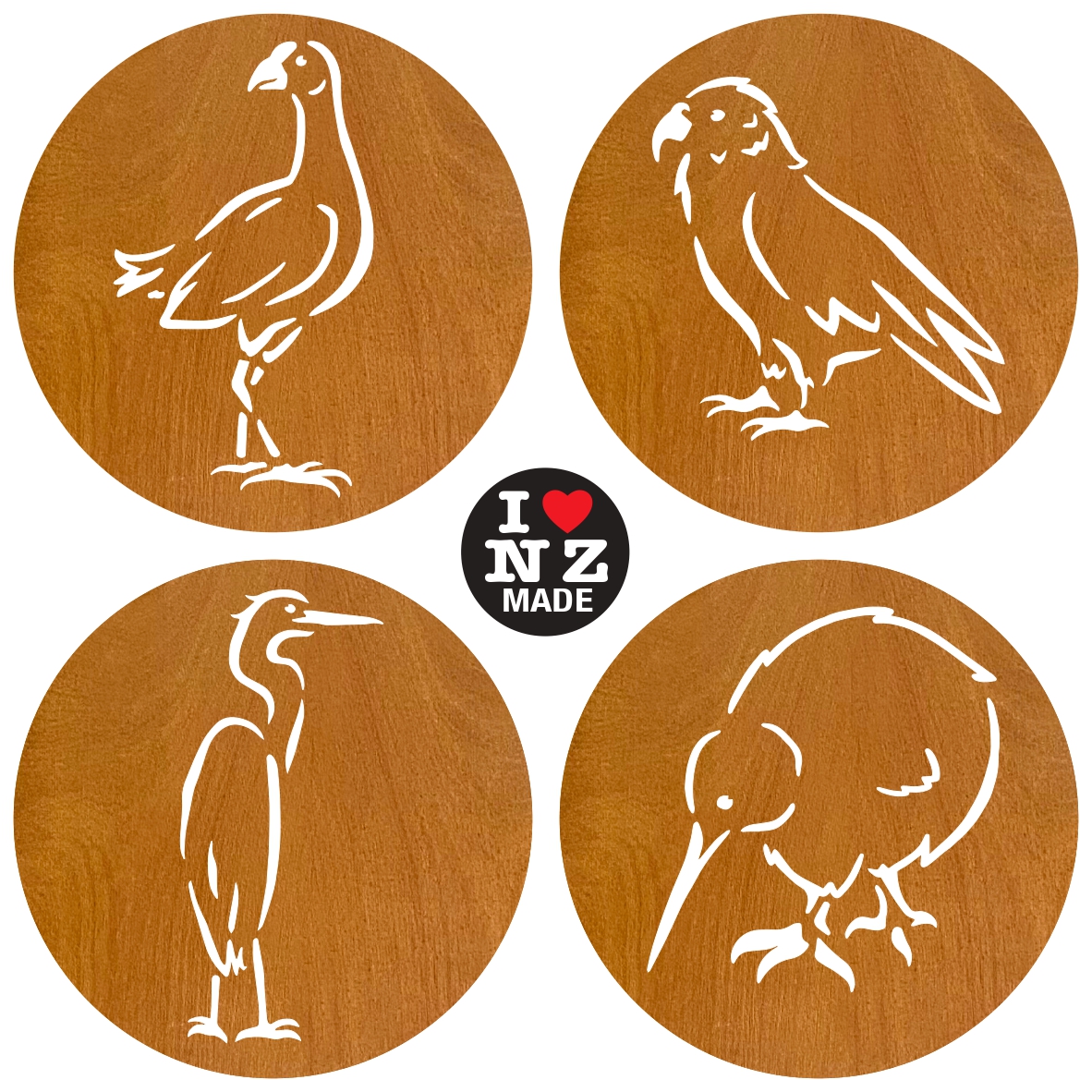 C25SB-004 Sophie Blokker Set of 4 Different Laser Cut Rimu Veneer Coasters - Pukeko, Kea, Heron, Kiwi