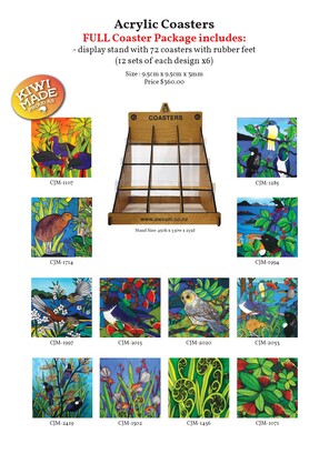 CSJM01 Coaster Stand Set 1 by Jo May. Wooden stand with a set of 72 acrylic coasters with rubber feet.