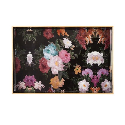 Lacquered Wood  Tray - Black Floral - 46 x 30 x 6.3cm
