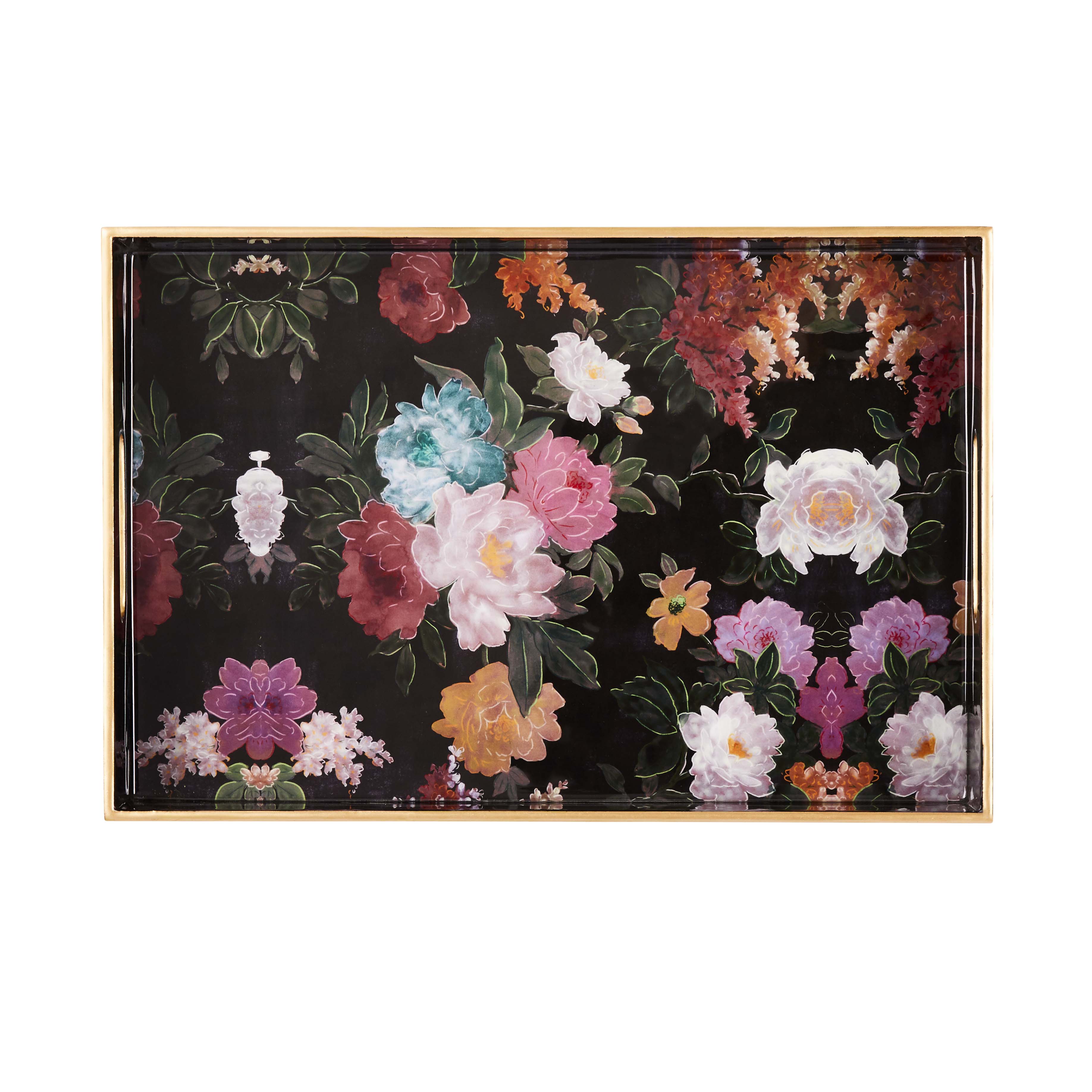 Lacquered Wood  Tray - Black Floral - 46 x 30 x 6.3cm
