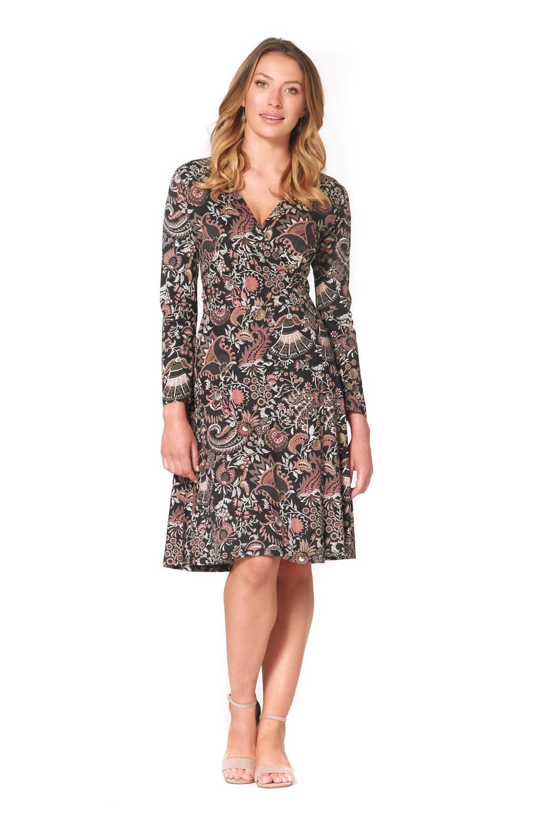 Sunburst  L/S Wrap Dress-Persian Print