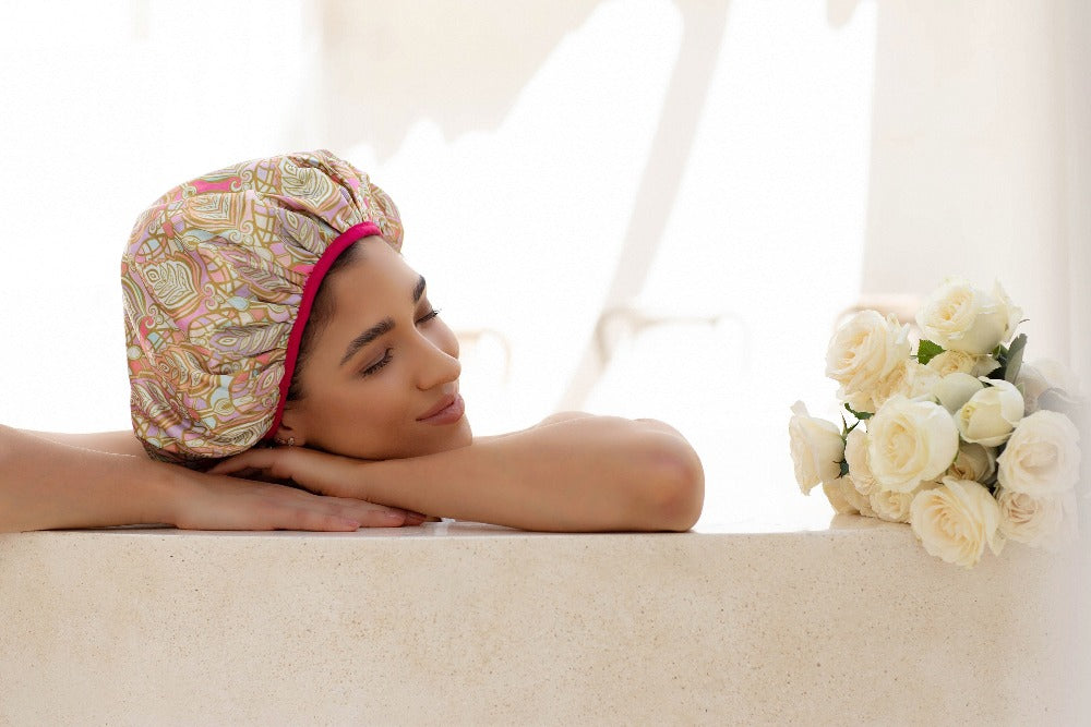 Extra Large Shower Cap With Microfibre Lining -Leaf